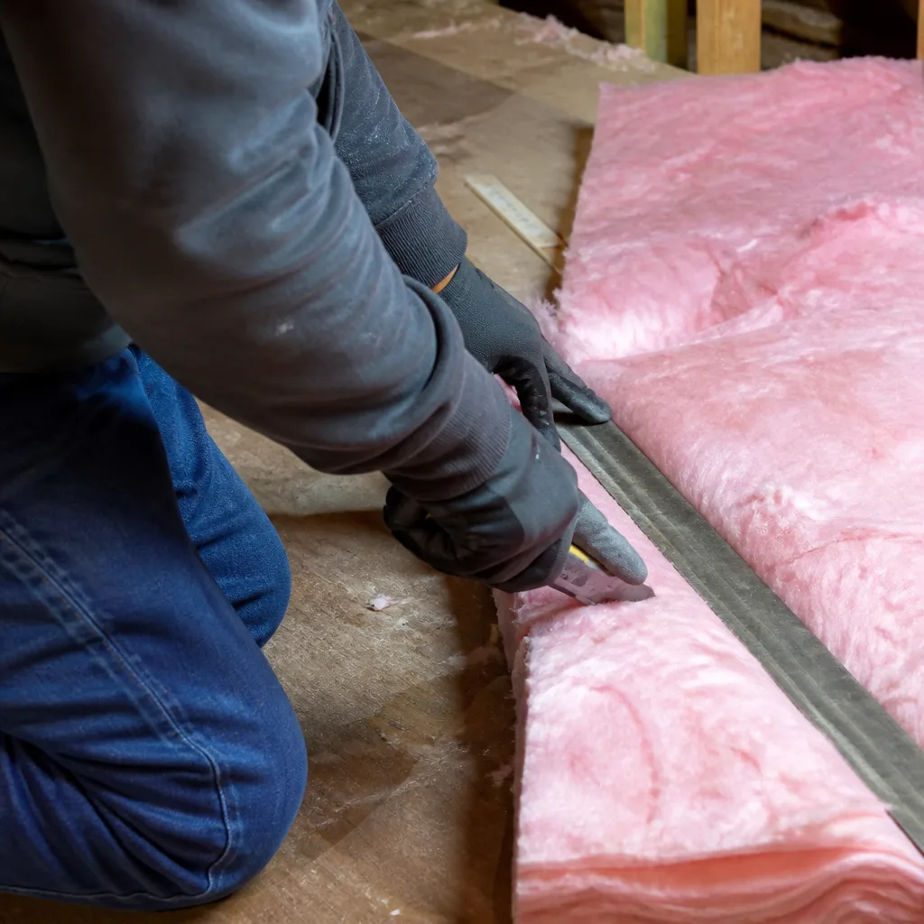 Professional cutting pink fiberglass insulation for attic installation