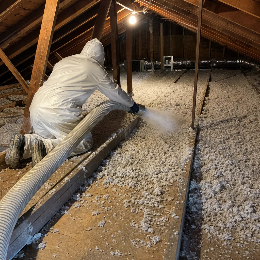 Technician installing blown-in attic insulation using industrial equipment