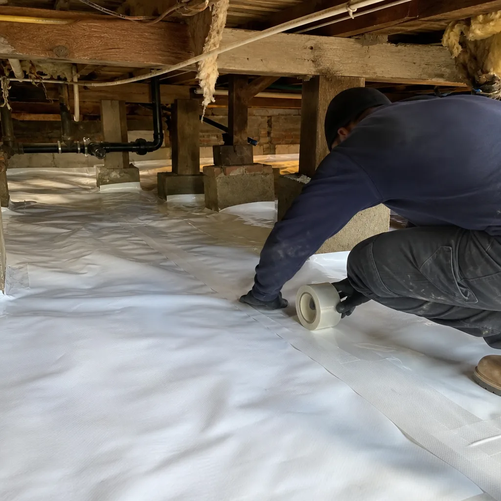 Professional installer applying vapor barrier tape in a residential crawl space