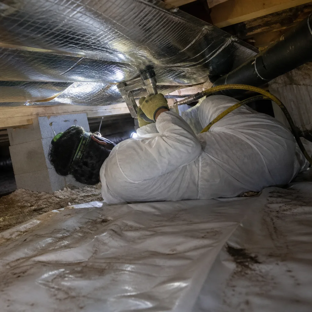 Technician performing professional crawl space encapsulation and vapor barrier installation