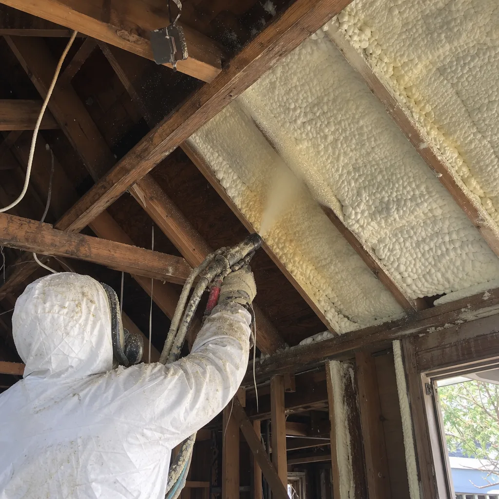 Professional contractor applying spray foam insulation to residential ceiling rafters
