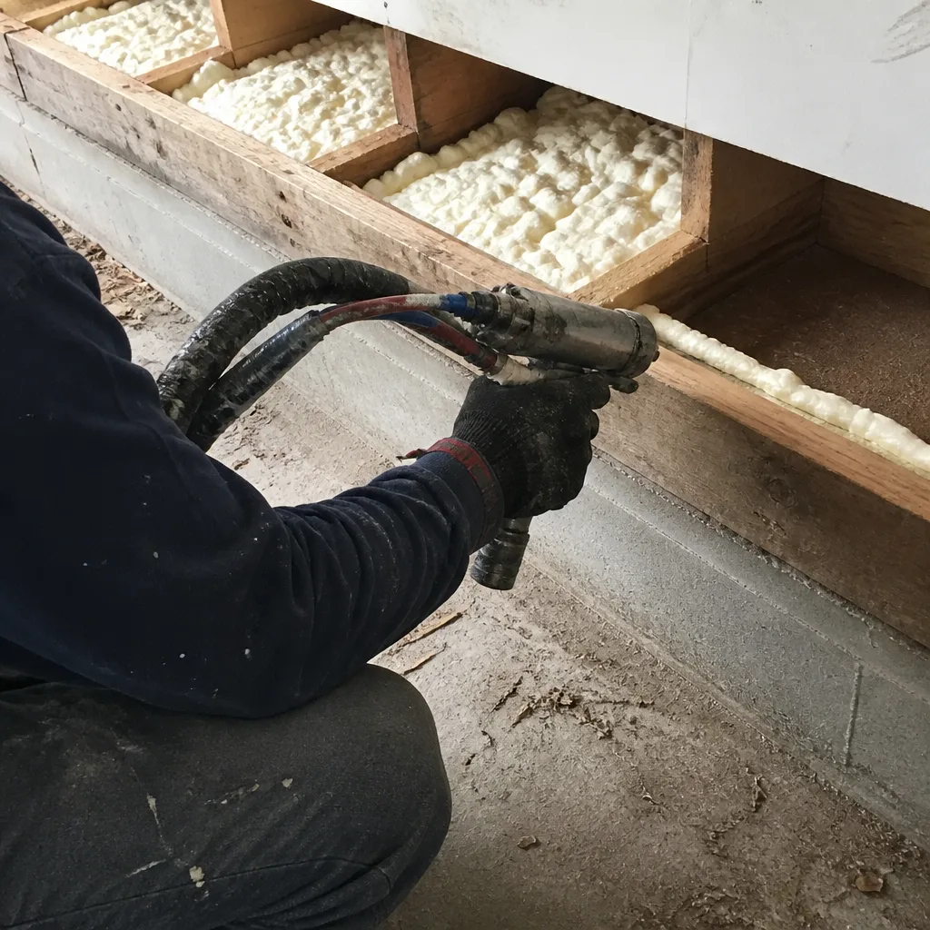Contractor applying spray foam insulation to wooden framing