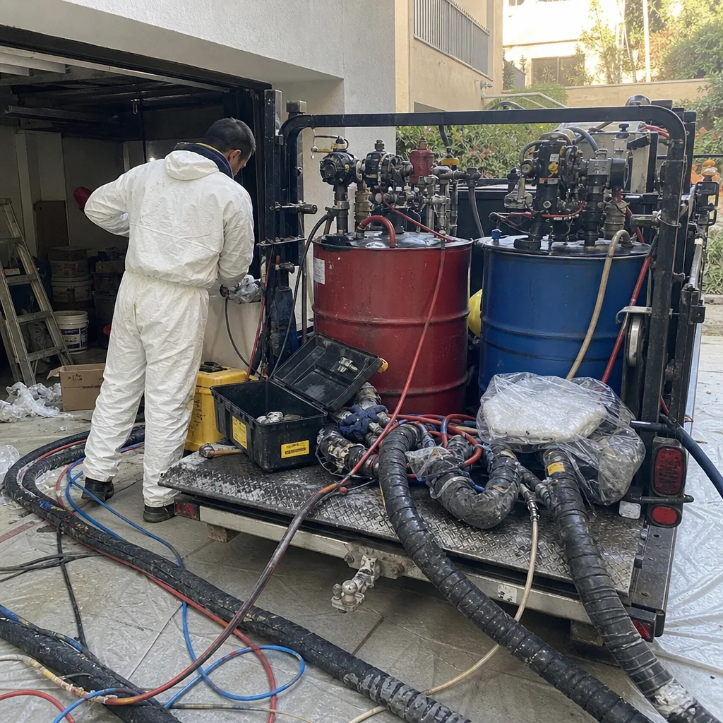 Technician operating professional spray foam insulation equipment on a trailer